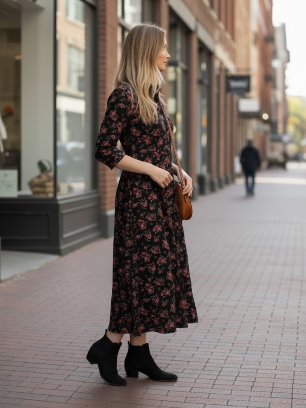 Floral Black Midi Dress with Pink Rose Print